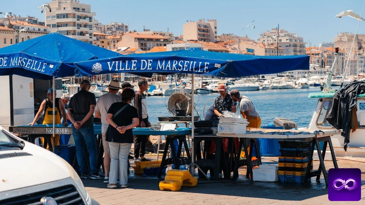 Agence SEO Marseille comparée sur un quai du Vieux-Port aux étiquettes de prix retournées