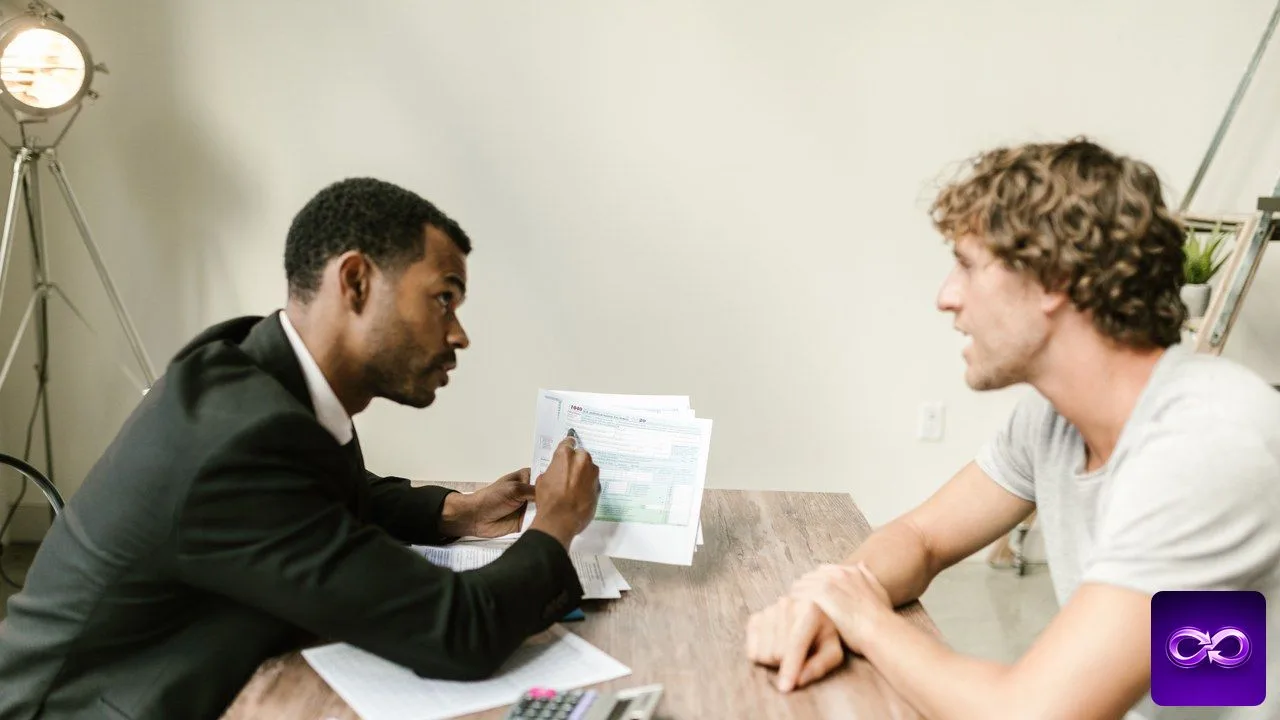 Cabinet comptable en rendez-vous, un expert-comptable explique une déclaration à un client