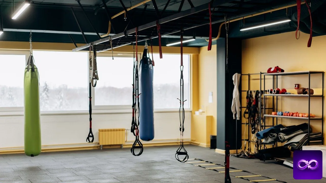 Salle de sport vide au petit matin, sacs de frappe et sangles de suspension accrochés