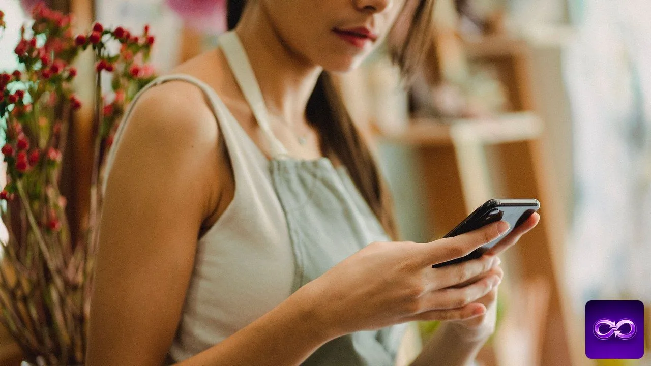 Avis Google consultés sur son téléphone par une commerçante en tablier dans sa boutique de fleurs