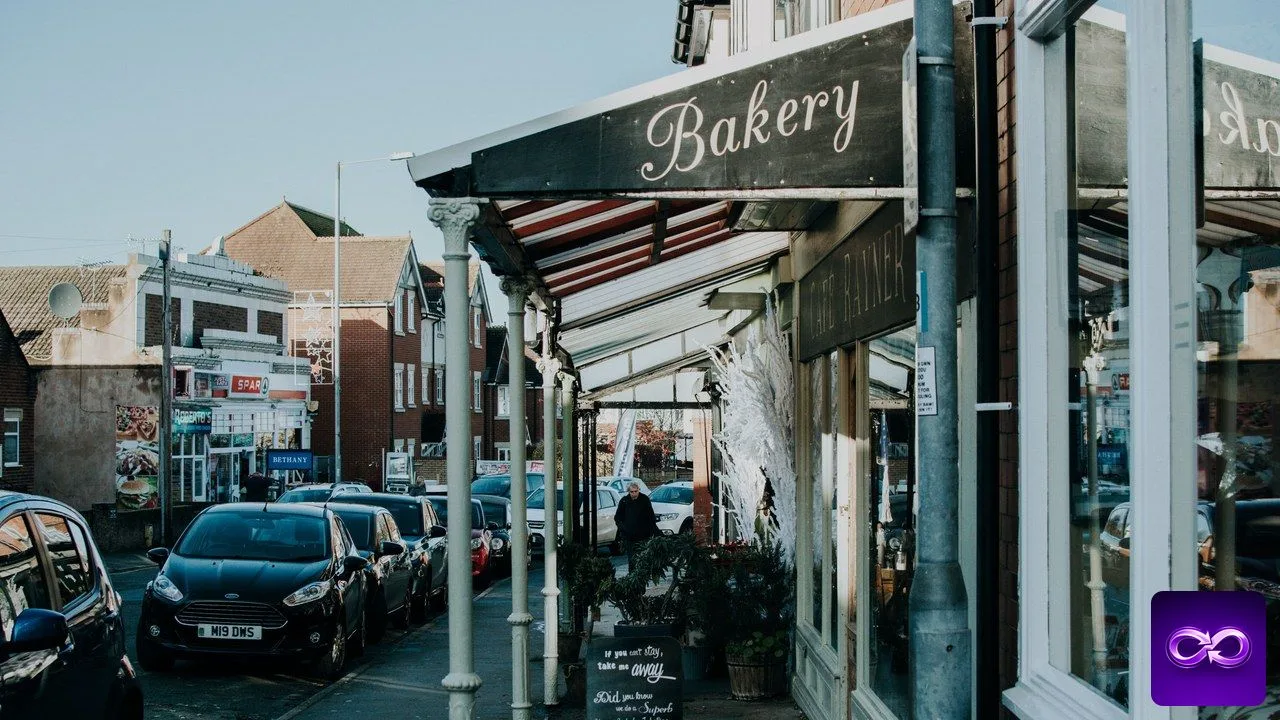 Plusieurs fiches Google évoquées par une rue commerçante alignant boulangerie, café et supérette