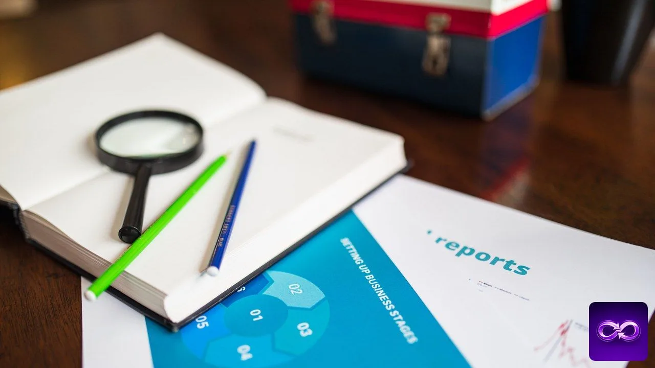 agence SEO à Dijon : une loupe et deux crayons posés sur un carnet ouvert à côté d'un rapport d'activité imprimé