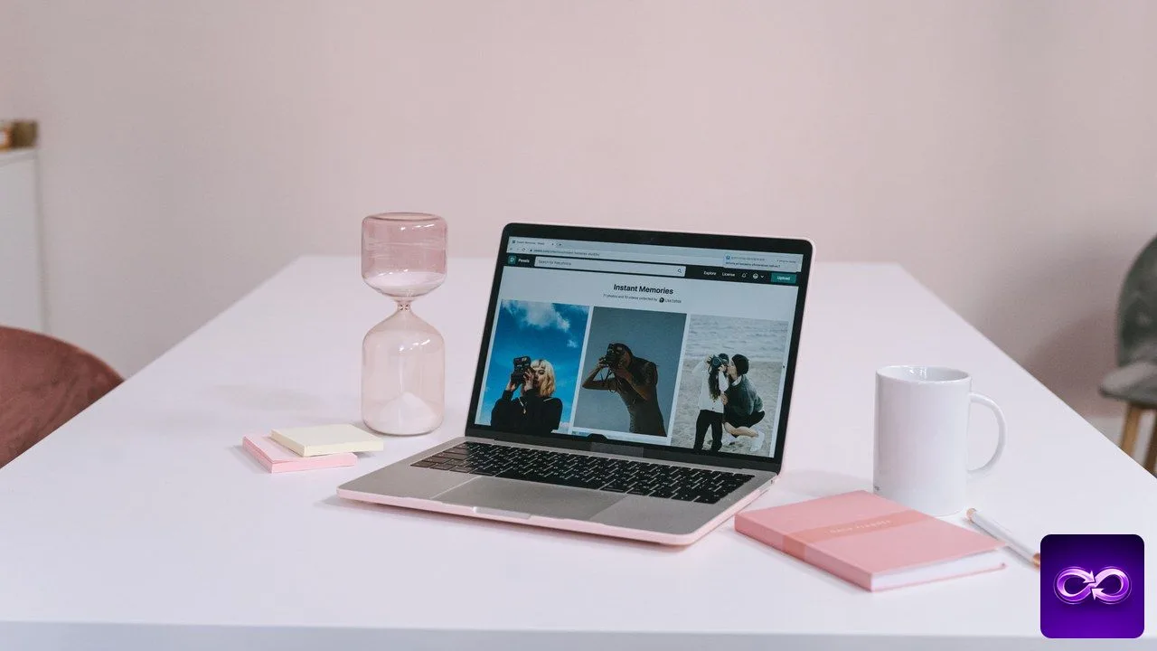 agence SEO à Grenoble : un sablier posé à côté d'un ordinateur portable sur un bureau clair