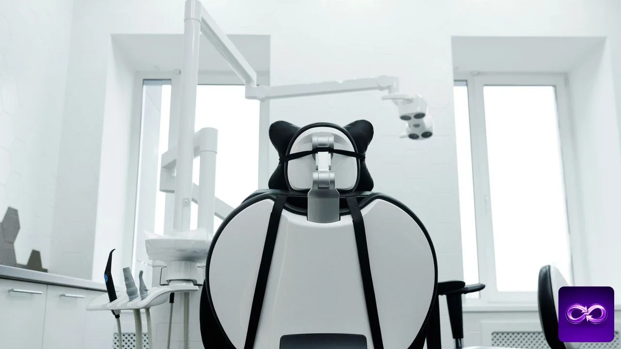 référencement dentiste : fauteuil de soins vide dans un cabinet dentaire lumineux, vu de dos