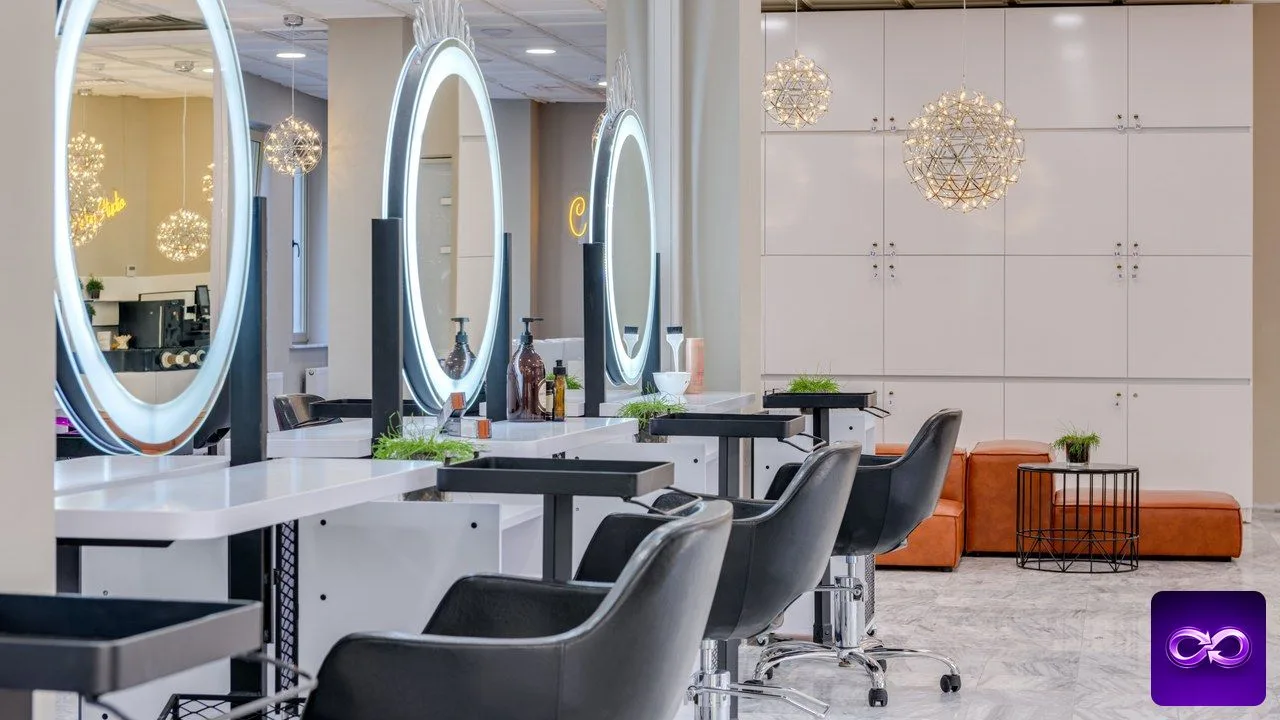 référencement coiffeur : fauteuils noirs et miroirs ronds éclairés dans un salon de coiffure vide
